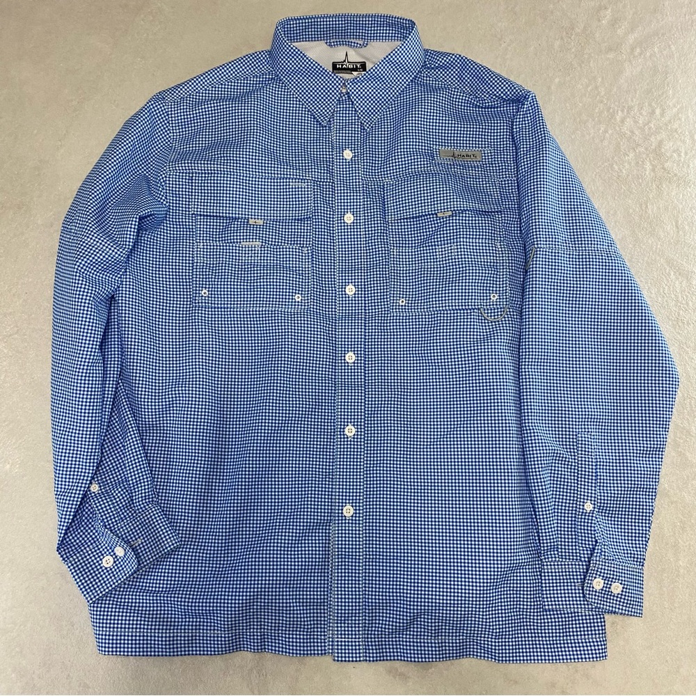HABIT Fishing Shirt Men's Size L 40+Solar Factor Button Down Vented Blue Plaid